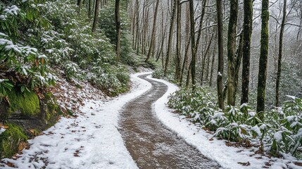 Winding snowy path through winter forest