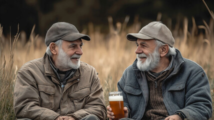 Obraz premium Two old friends share laughter and memories in golden fields during sunset