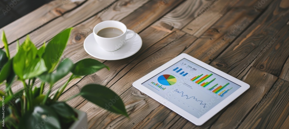 Poster modern home office desk with digital financial dashboard for efficient business analysis