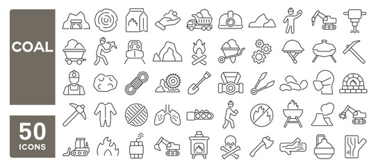 Set of 50 line icons related to coal, mining, factory, extraction, fuel, grill, excavator, wood, miner, cave, charcoal, Editable stroke. Vector illustration