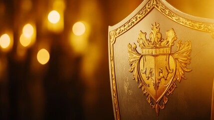 Ornate shield with intricate design illuminated by warm candlelight in a medieval setting
