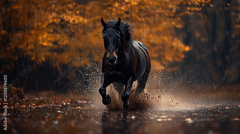 Sticker   A black horse galloping through a waterlogged forest trail amidst vibrant yellow and orange tree canopy during a drizzle