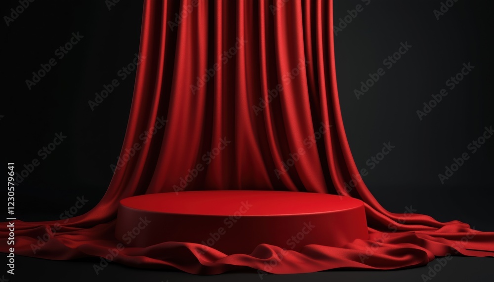 Poster round red podium display covered in fabric drapery folds, creating a realistic appearance on a dark 