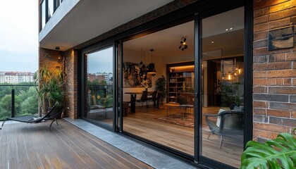 Obraz premium Renovated sliding glass door leading to a balcony, d with a laminated ergonomic profile