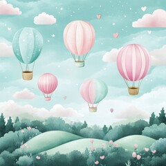 Obraz premium Pastel Hot Air Balloons Soaring Over Rolling Green Hills