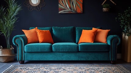 Luxurious living room furniture with colorful pillows and throw blanket