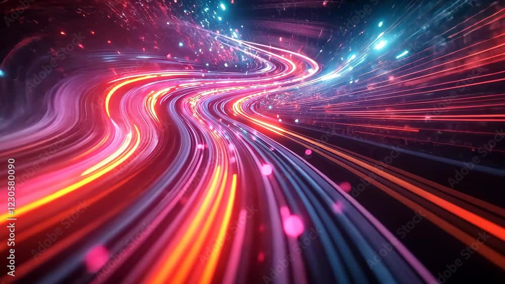 Aufkleber An eye-catching digital art scene featuring vibrant neon lights and dynamic, fluid motion, resembling a futuristic data stream. Perfect for illustrating technology, data flow, and cyber concepts.