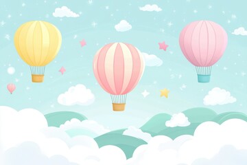Fototapeta premium Pastel Hot Air Balloons Soaring Above Dreamy Clouds