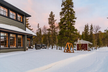 Beautiful winter landscape in Finnish Lapland around Akaslompolo, Finland