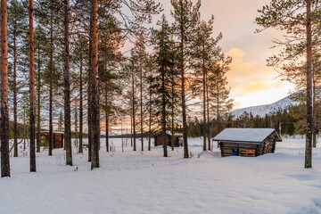 Beautiful winter landscape in Finnish Lapland around Akaslompolo, Finland