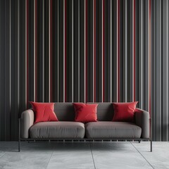 Grey sofa with red pillows in front of a wall with red. grey. and white vertical stripes