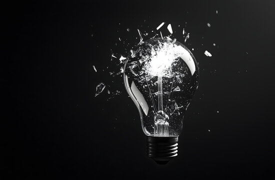 a broken light bulb on black background