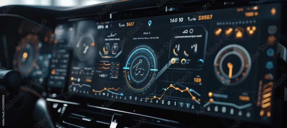 Poster automotive app dashboard interface with progress bar and mechanical icons for car maintenance tracki