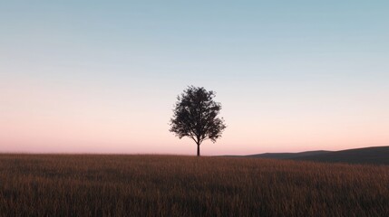 Obraz premium Solitary tree in a vast field at sunset.