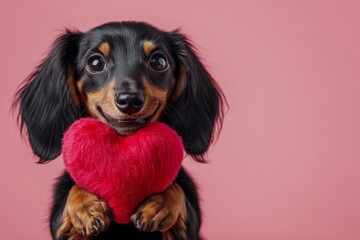 Cute dachshund pup with fluffy red heart - emblem of love, funny greeting card. Dachshund - my desired dog. Promotion idea. Love-filled moments with animals. Red heart romantic pet ideas.