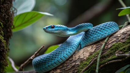 Fototapeta premium Striking Blue Snake in a Lush Forest
