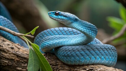 Fototapeta premium Striking Blue Snake in a Lush Forest