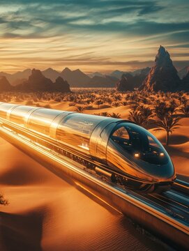 A hyperloop pod traveling at high speed through a transparent tube in a futuristic desert landscape, vibrant lighting