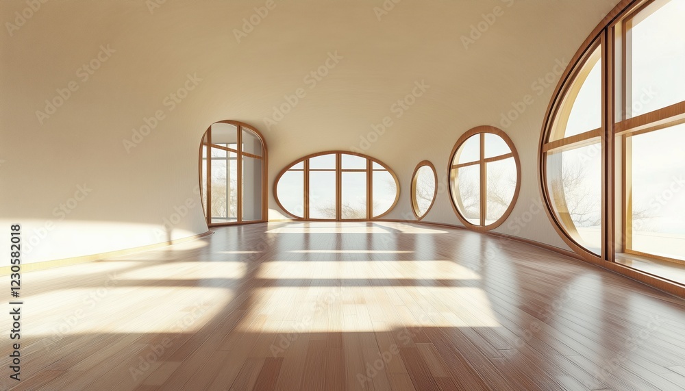 Poster 360° spherical projection interior rendering of an empty room. this immersive panorama gives a full 