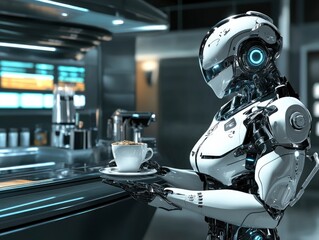 Fototapeta premium A humanoid robot serving coffee in a modern cafe, sleek and futuristic design, sharp focus