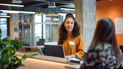 Fototapeta premium Modern Accounting Firm Lobby with Receptionist Greeting Client for Professional Services