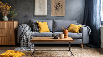 Stylish boho composition in a living room interior with a design gray sofa, wooden coffee table, commode, and elegant personal accessories, honey yellow pillow and plaid, cozy apartment home decor.