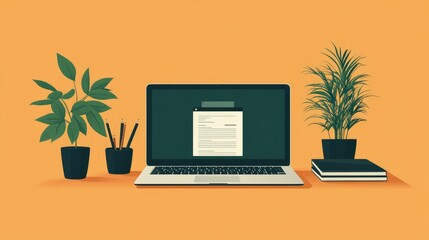 Minimalist Workspace with Laptop and Green Plants on Orange Background