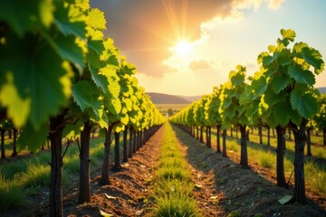 Fototapeta premium Weintrauben reifen auf einem bunten Blatt unter einer Sonnenstrahlung, leaves, wine, landscape