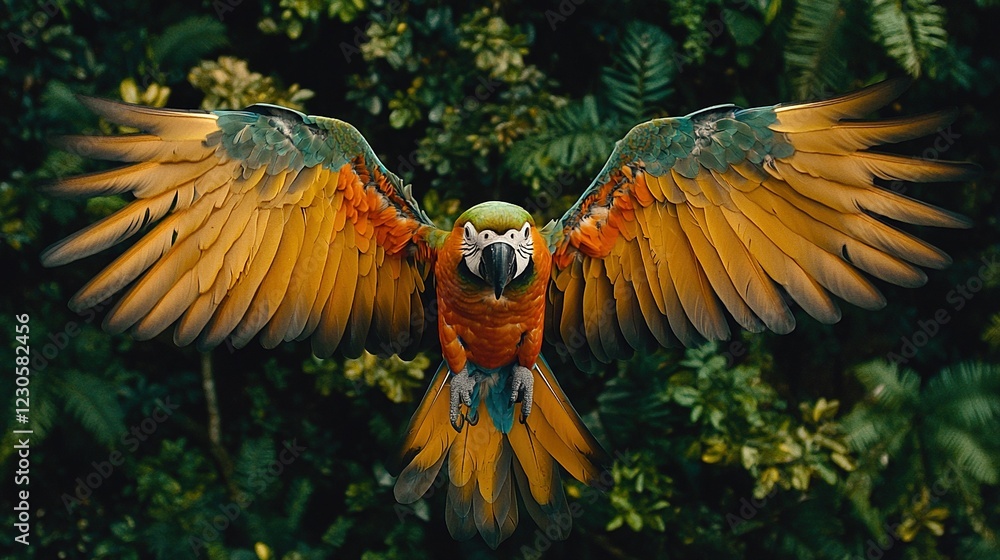 Wall mural close-up of a parrot with open eyes and spread wings, perched in front of a tree