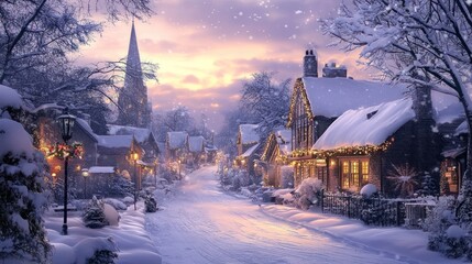Fototapeta premium A Snowy Christmas Village Street at Sunset