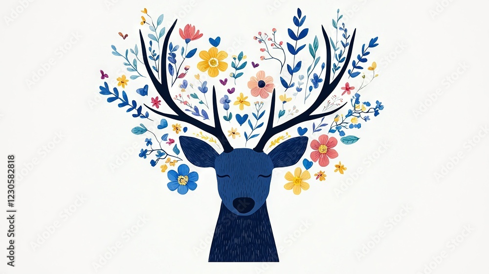 Sticker   Deer's head with flowers and leaves on its antlers against a white background