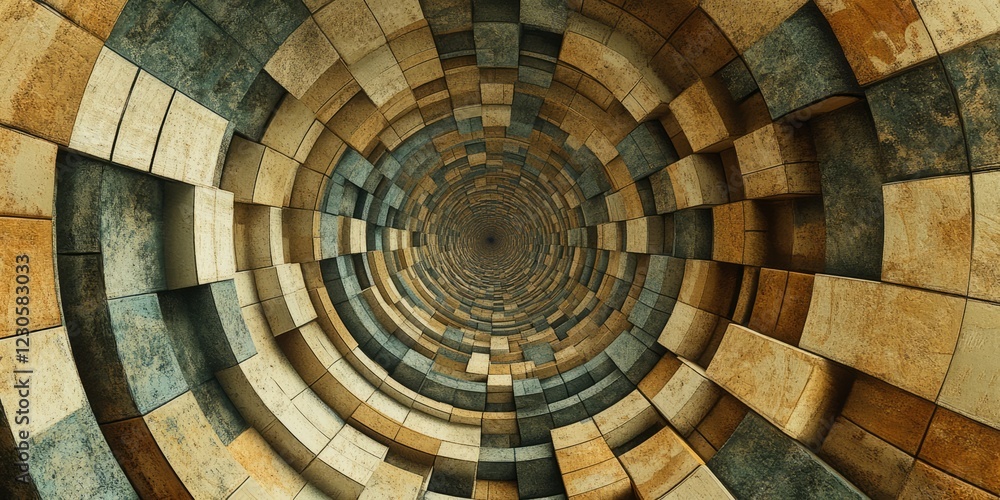 Poster a mesmerizing abstract image of a geometric tunnel with concentric stone blocks in earthy tones, cre