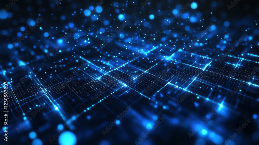 Poster abstract dark blue digital background with sparkling blue light particles and areas with deep depths