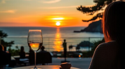 Serene Sunset with Wine Glass Overlooking Ocean View