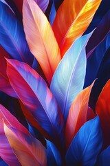 Vivid bird feathers create a vibrant and abstract floral design on a background of rich, saturated colors.