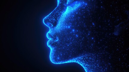Obraz premium Digital Abstract Profile: Blue Neon Particles Forming a Futuristic Female Face