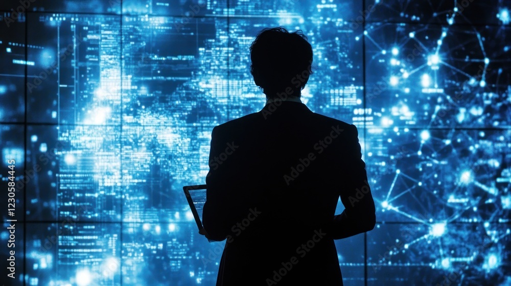 Poster silhouette of a person viewing digital data streams
