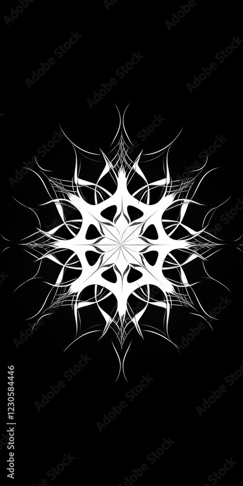Poster black and white photo of a snowflake with a white background. the snowflake is very detailed and int
