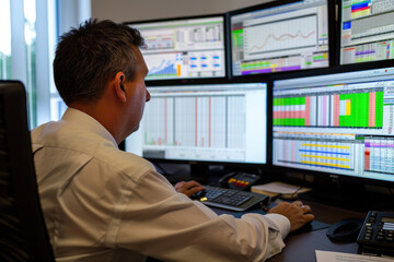 Accountant Analyzing Financial Data on Monitors in a Modern Office Environment