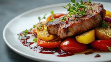 Grilled pork chop with roasted vegetables and sauce on a plate.