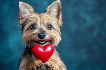 Naklejka premium Cute cairn terrier canine with critter toy red heart - sign of love, funny greeting card. Cairn terrier - my preferred dog. Ad campaign concept art. Love and loyalty. Dog with love sign.
