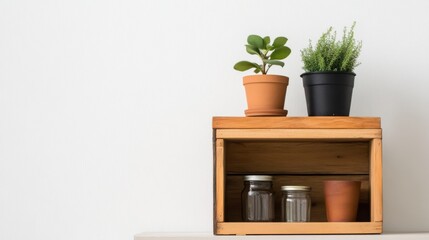Two potted plants and jars on a wooden shelf against a white wall.