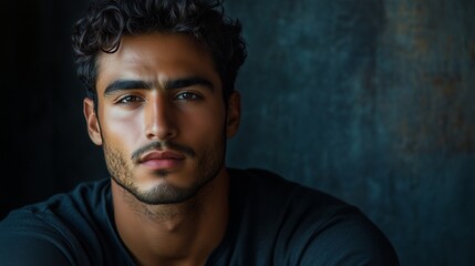Obraz premium Young Middle Eastern Man with a Look of Determination, Navy Background
