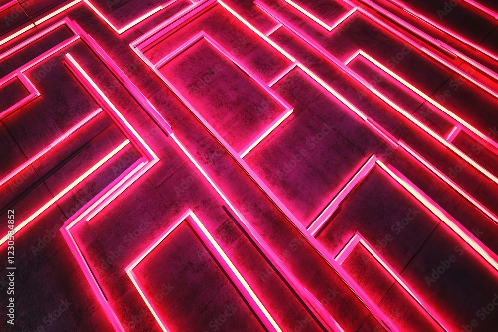 Poster a vibrant abstract image featuring a neon pink maze pattern with glowing lines on a dark surface, id