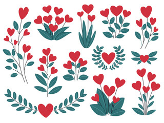 Floral heart decorative elements set. Collection of spring heart-shaped flowers for Valentine's Day and other holidays.