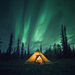 Aurora borealis in the night sky with tent and bonfire