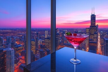 Skyline Sunset with Cocktail in Chicago: Urban Elegance and Evening Leisure