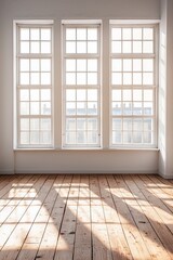 Fototapeta premium Concrete wall mockup, white and blank, paired with a wooden floor