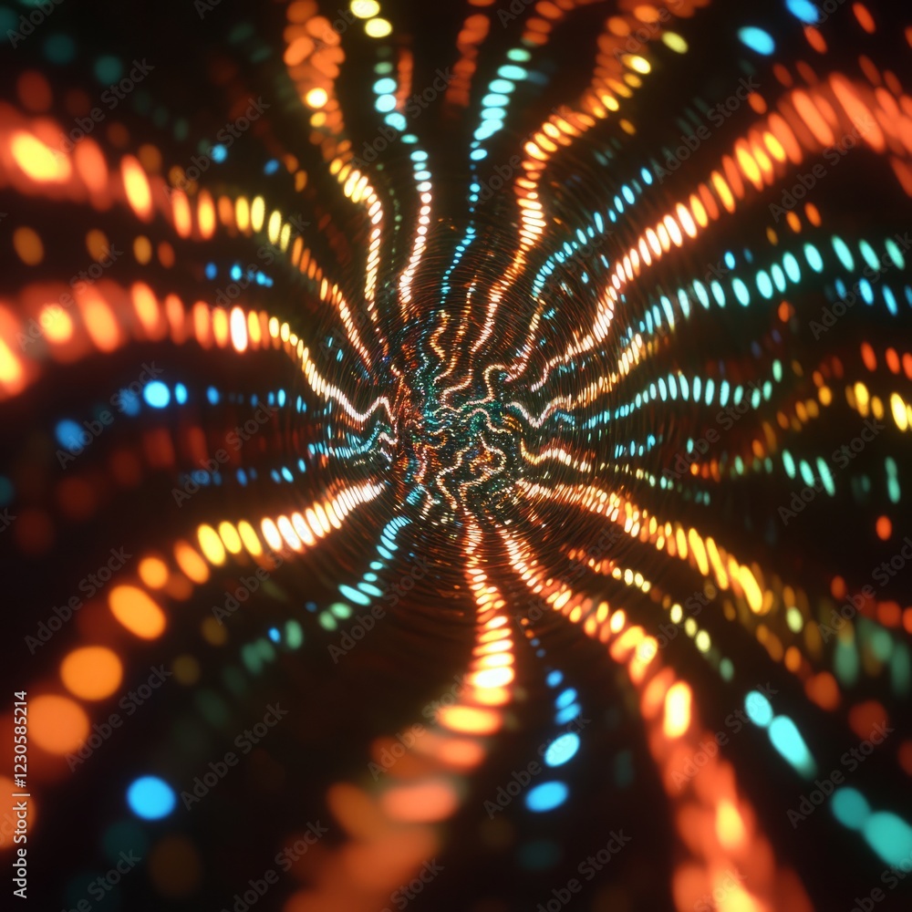 Poster a colorful spiral of dots. the dots are in different colors and sizes. the spiral is very long and n