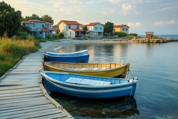 Obraz premium Traditional fishing boats moored near a quiet coastal village